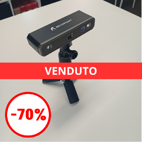 Revopoint Mini Usato - scanner portatile con precisione 0,02 mm Revopoint Mini Usato, scanner 3D portatile con luce strutturata blu, modello Revopoint Mini, dispositivo compatto su supporto, alto dettaglio e precisione