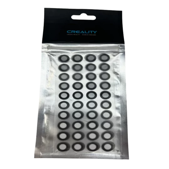 Confezione di marker 6mm Creality: cerchi adesivi neri circolari disposti in griglia su sfondo bianco, confezionati in tappo superiore con logo Creality