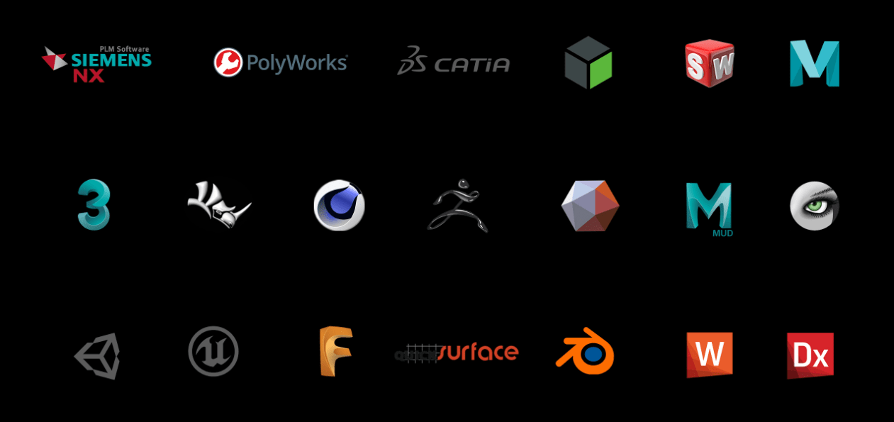 Mostra la compatibilità del Creality Sermon P1 con software CAD e 3D come Siemens NX, PolyWorks, CATIA, Blender, Unity e SolidWorks.