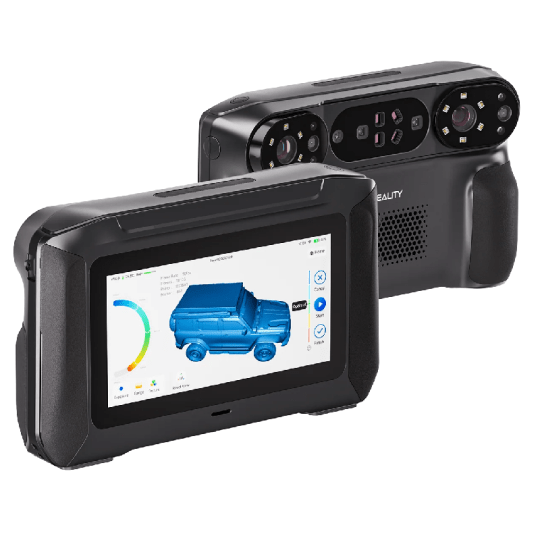 Lo scanner 3D Creality Sermon P1 mostra un'interfaccia touchscreen con un modello di auto digitale, accanto al corpo nero con doppie camere di scansione.
