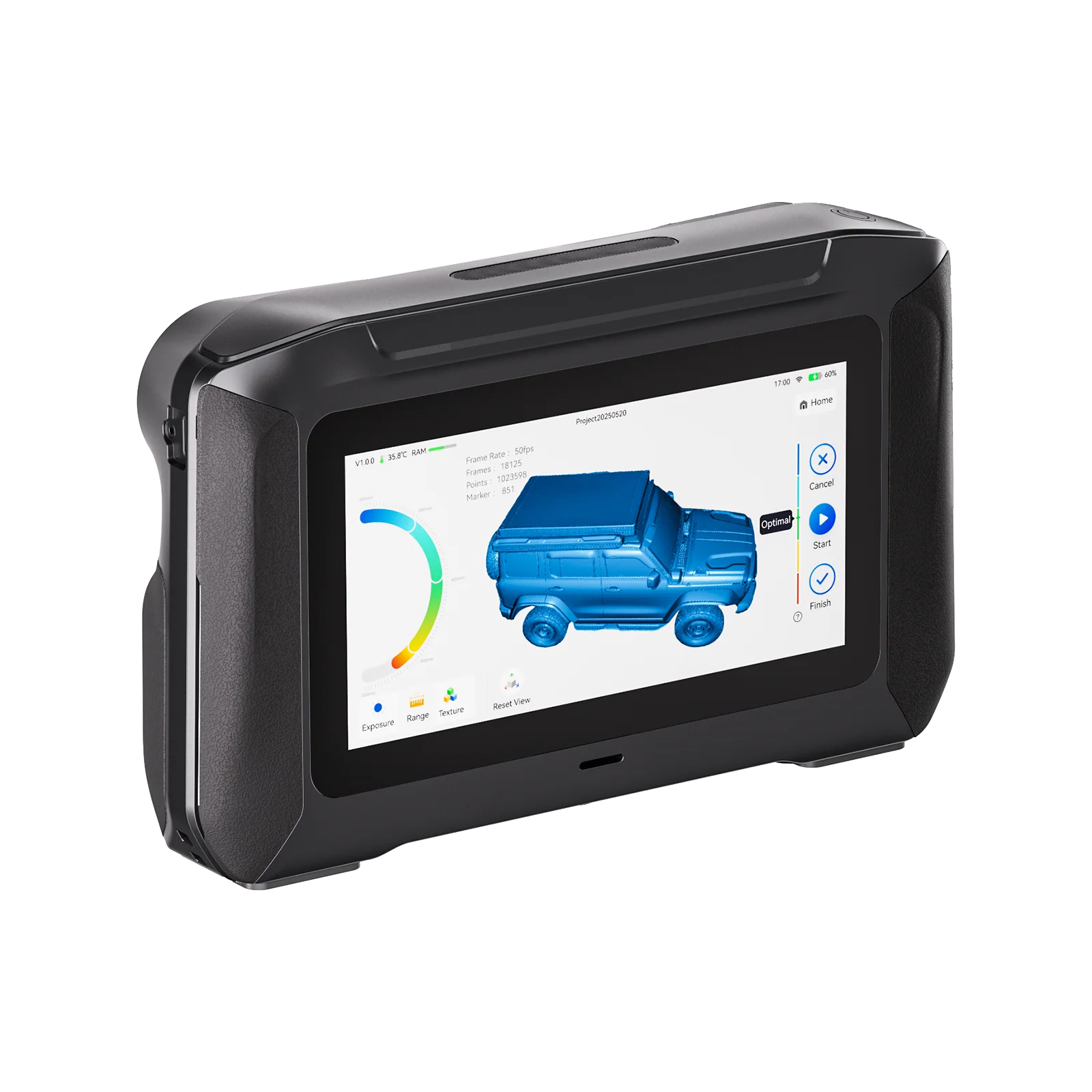 Creality Sermon P1, scanner 3D portatile con interfaccia touchscreen Lo scanner 3D Creality Sermon P1 mostra sul touchscreen la scansione di un fuoristrada blu con controlli di acquisizione e regolazione.